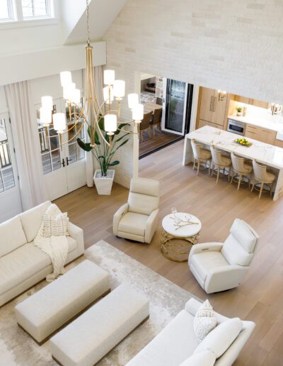An aerial view of a living room and kitchen.